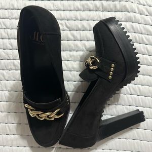 JLo black suede platform pumps with gold detail. Never worn.